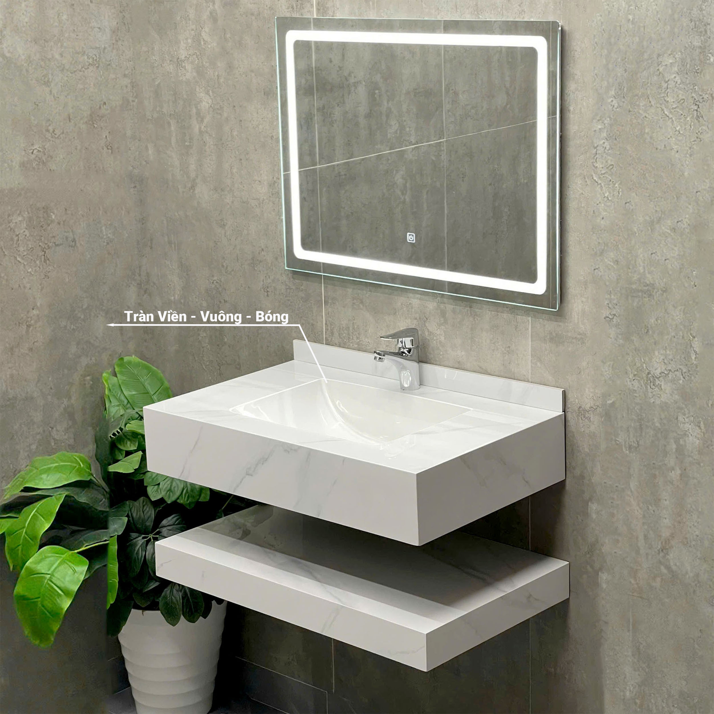 Bàn Đá Lavabo 2 Tầng Trắng Bóng Tràn Viền Vuông