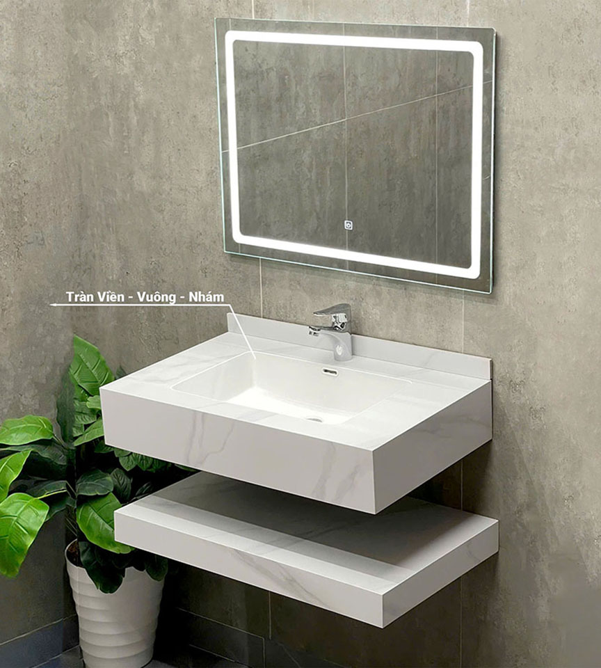 Bàn Đá Lavabo 2 Tầng Trắng Nhám Tràn Viền Vuông