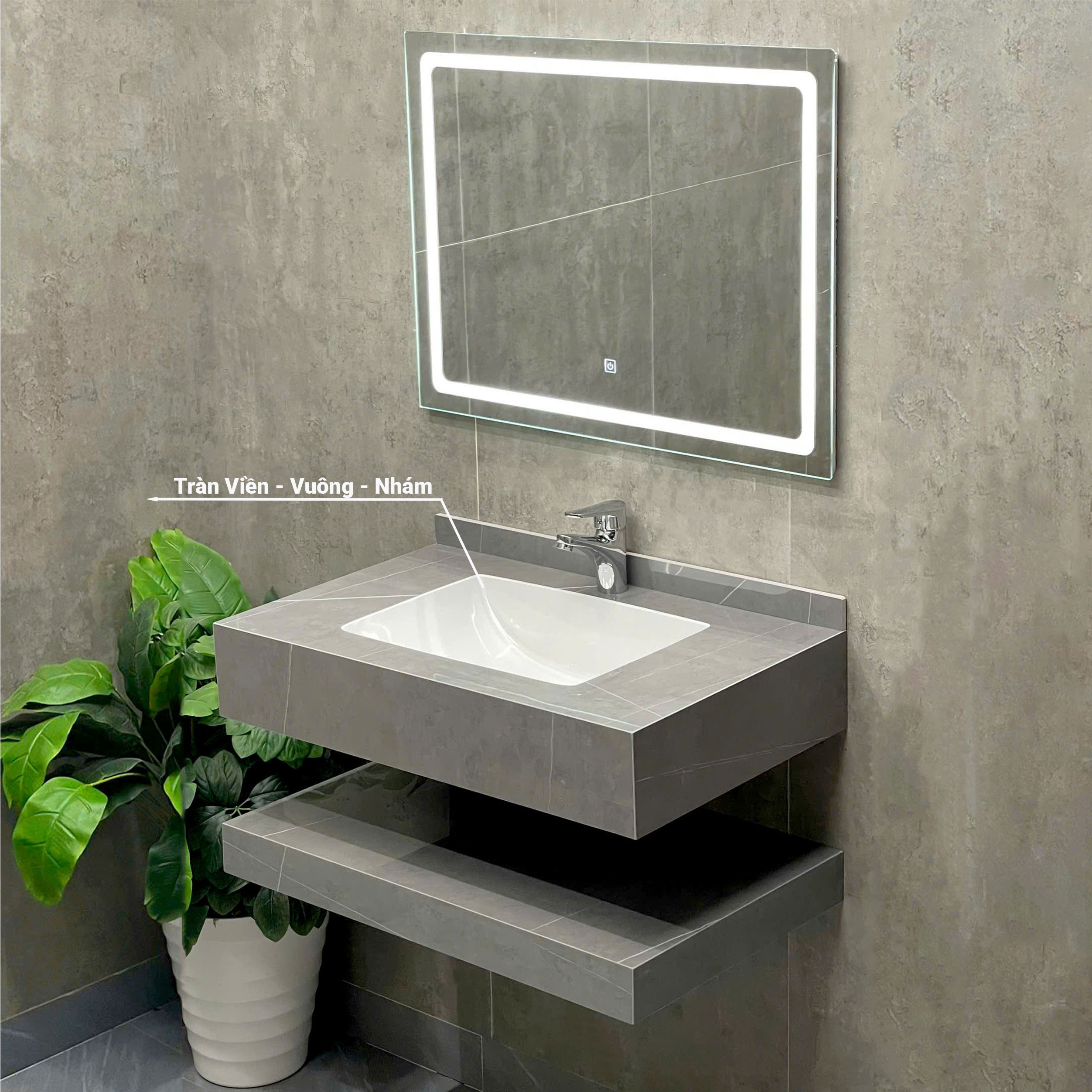 Bàn Đá Lavabo 2 Tầng Xám Bóng Tràn Viền Vuông