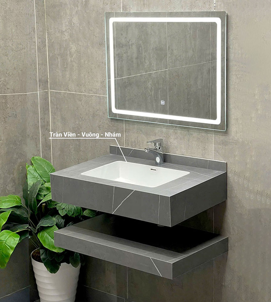 Bàn Đá Lavabo 2 Tầng Xám Nhám Tràn Viền Vuông