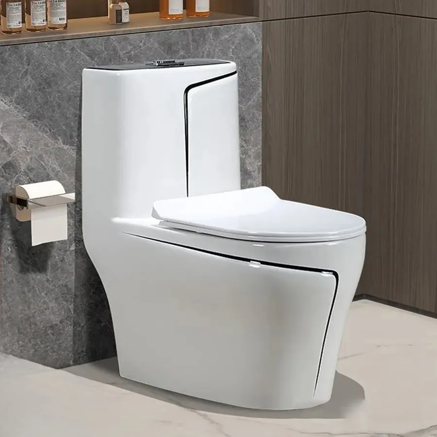 Bồn Cầu 1 Khối Trắng Viền Đen Cao Cấp ST-BC104