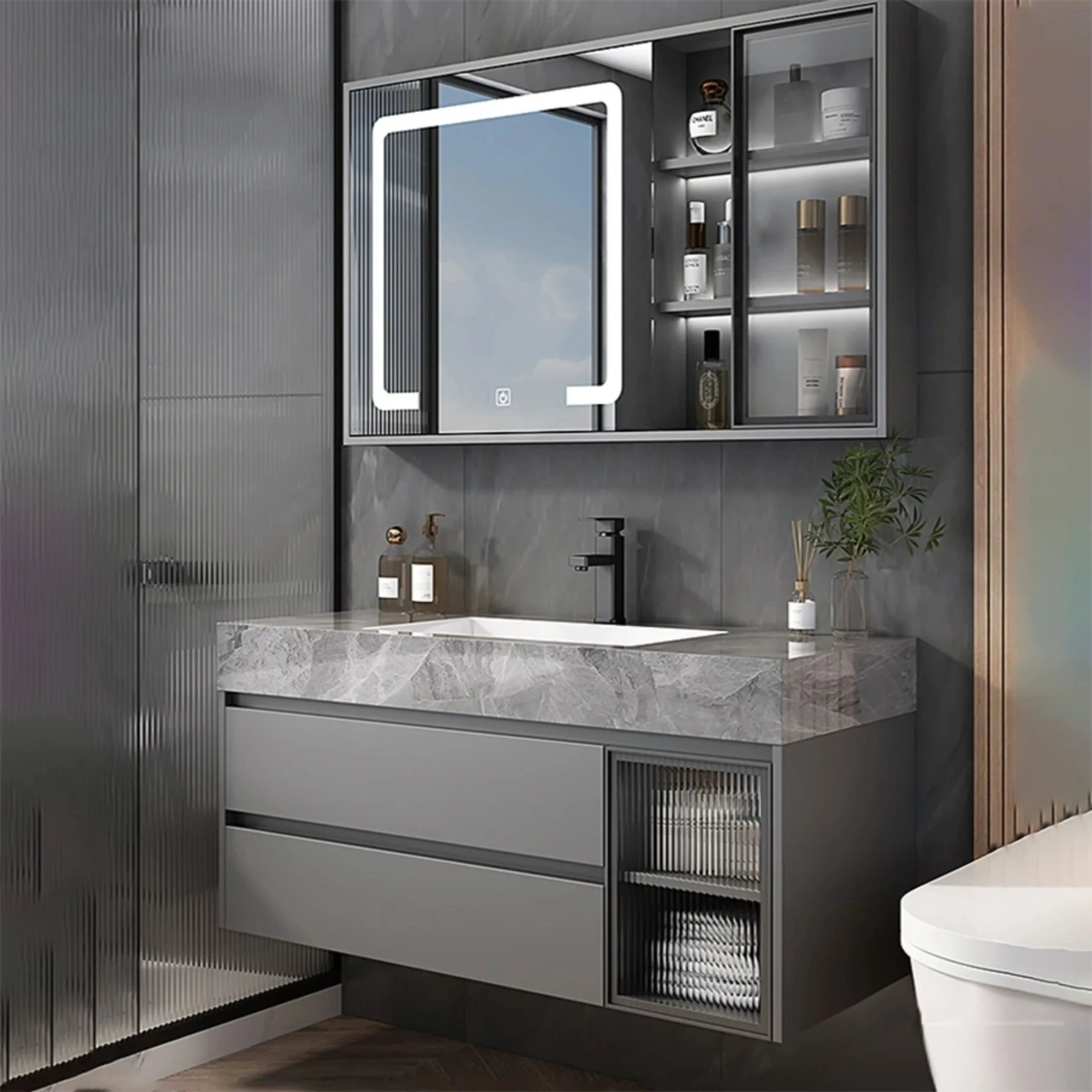 Tủ Lavabo Mặt Đá Chống Trầy Màu Xám 80cm ST-TN7879
