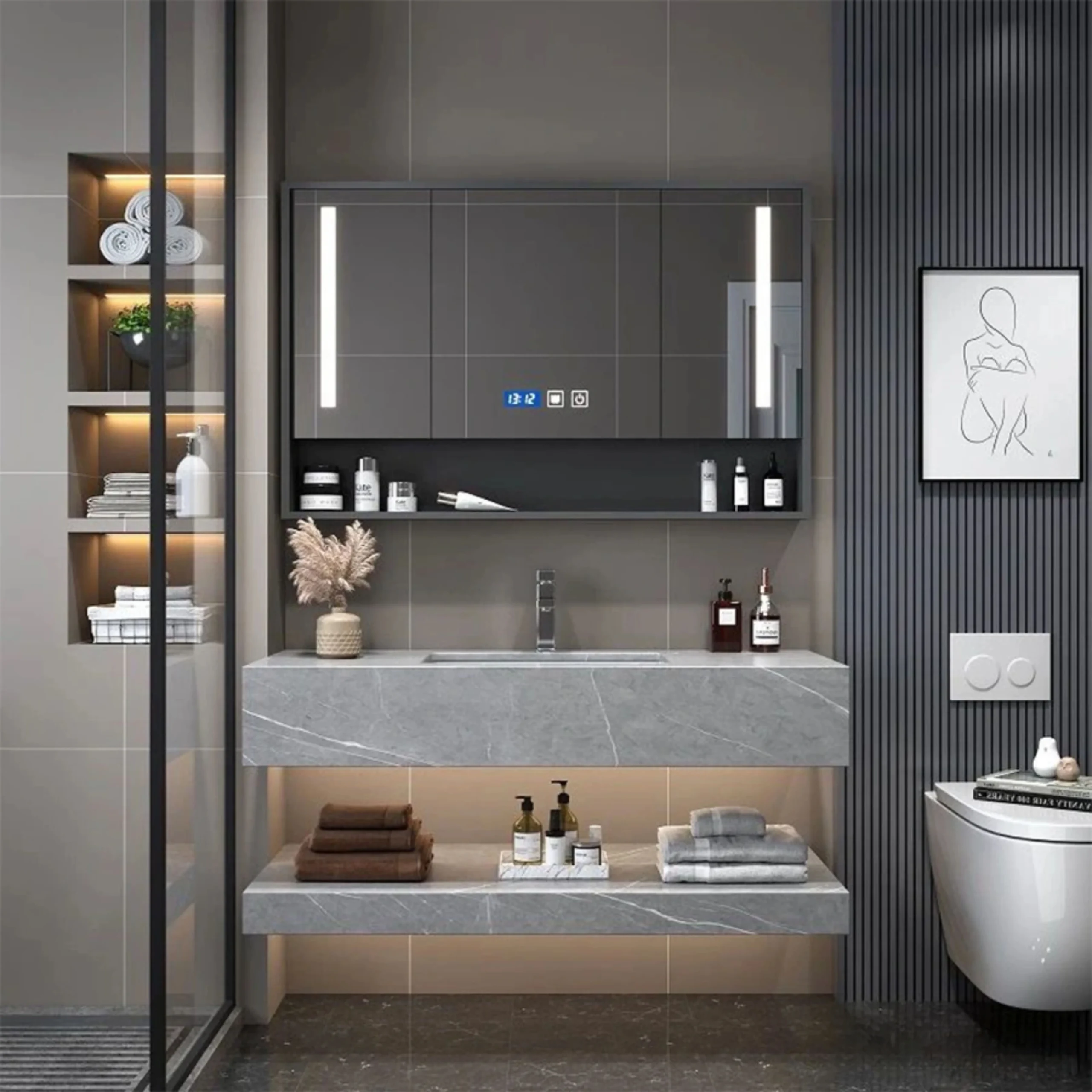 Tủ Lavabo Mặt Đá 2 Tầng Gương LED ST-TN7826
