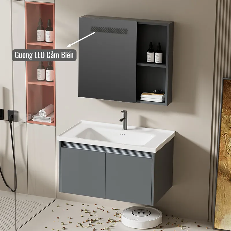 Tủ Lavabo Nhà Tắm Gương LED Cảm Biến Màu Xám 60 x 47cm ST-TN7606