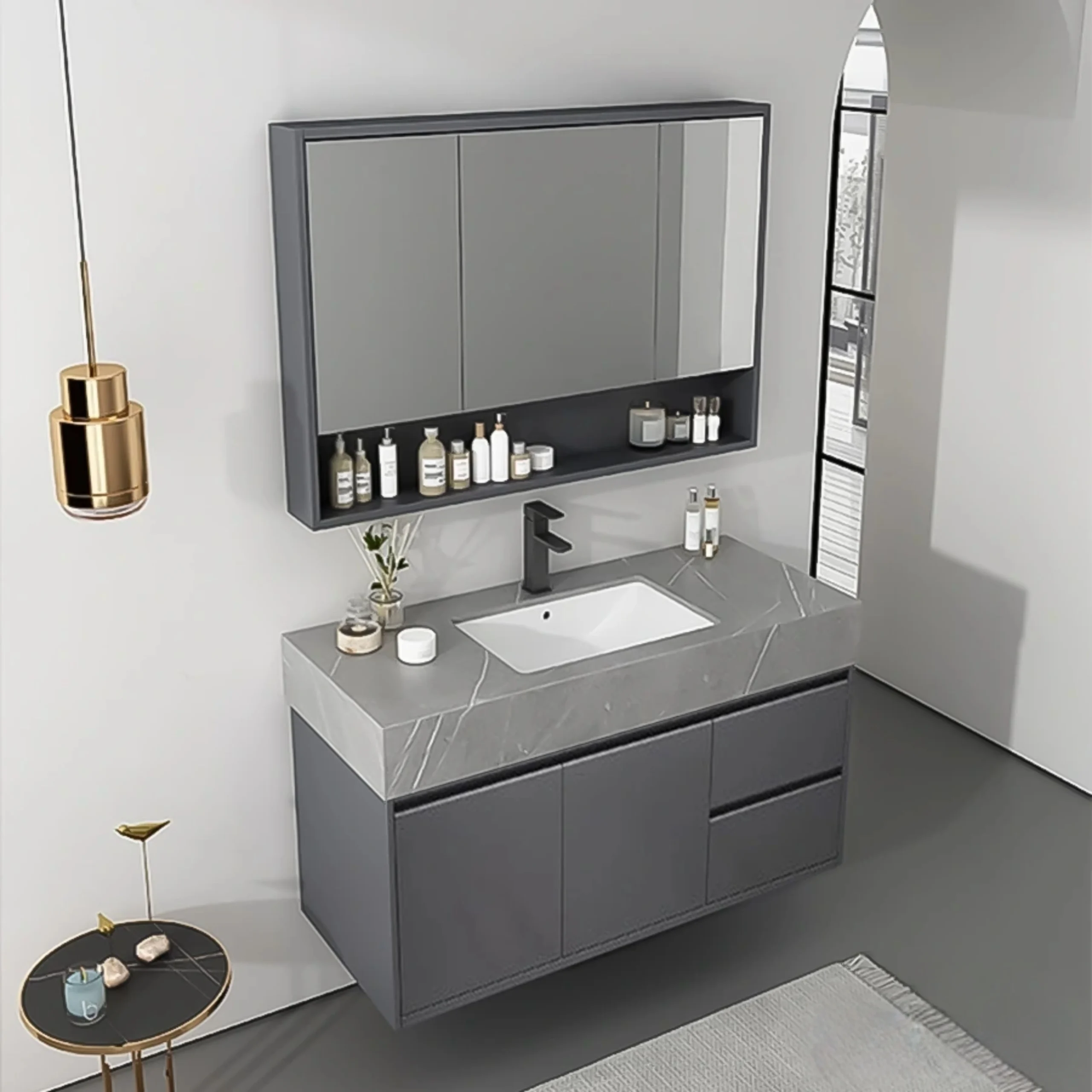 Tủ Lavabo Mặt Đá Phiến Gương Thường 80cm ST-TN7825T