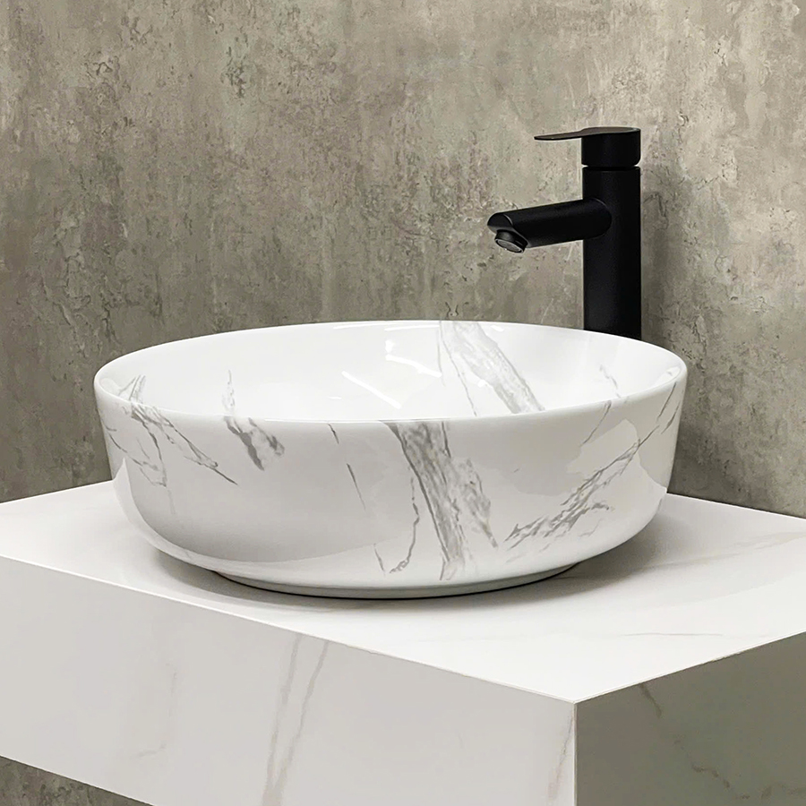 Lavabo Đặt Bàn Đá Tròn Vân Đá Trắng Vân Mây ST-LA47