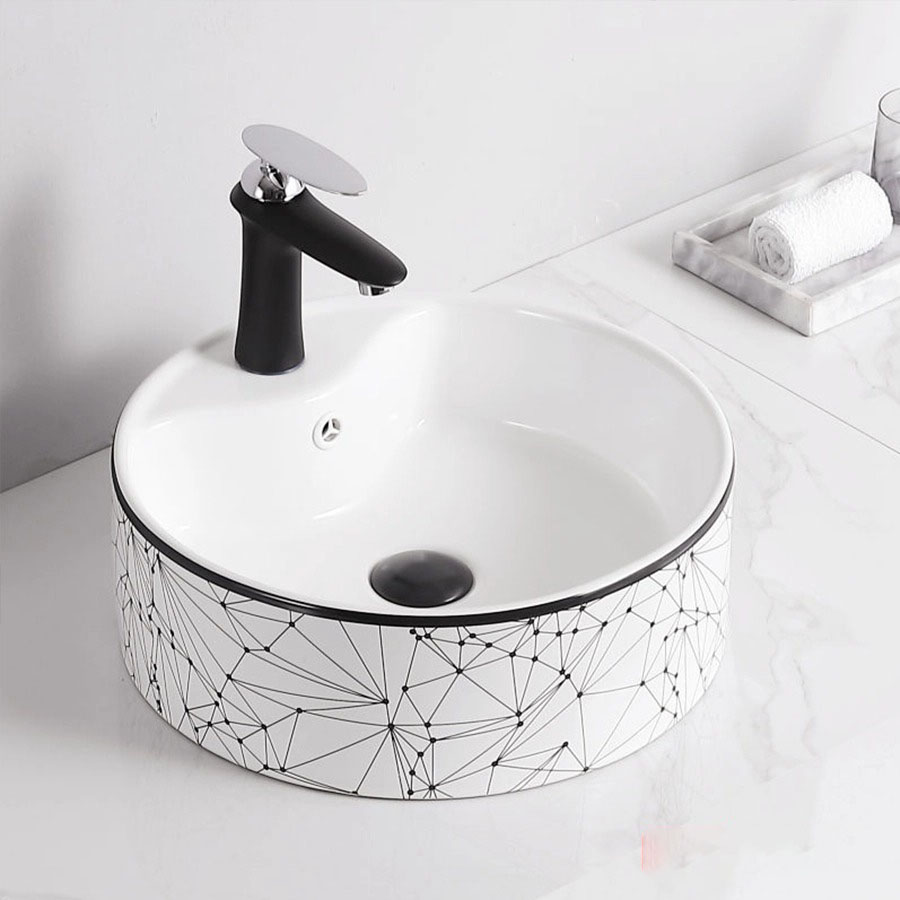 Lavabo Đặt Bàn Đá Tròn Trắng Viền Đen ST-LA75
