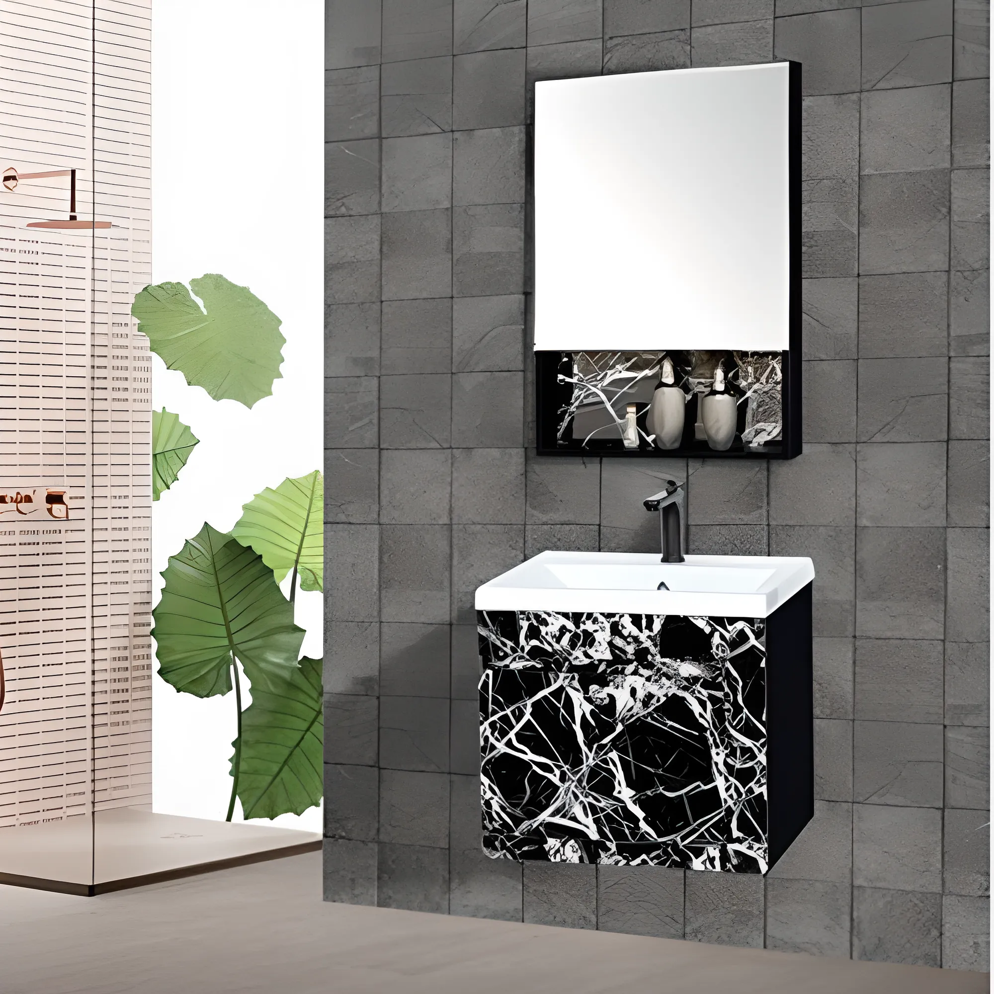 Tủ Lavabo Nhựa PVC Vân Đá Đen ST-TN7552Đ