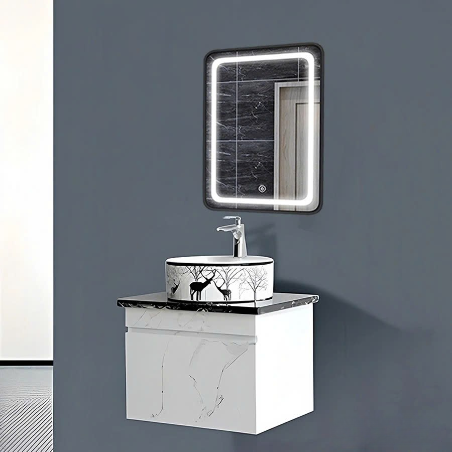 Tủ Lavabo Nhà Tắm Nhựa PVC Màu Trắng Gương Led 60cm